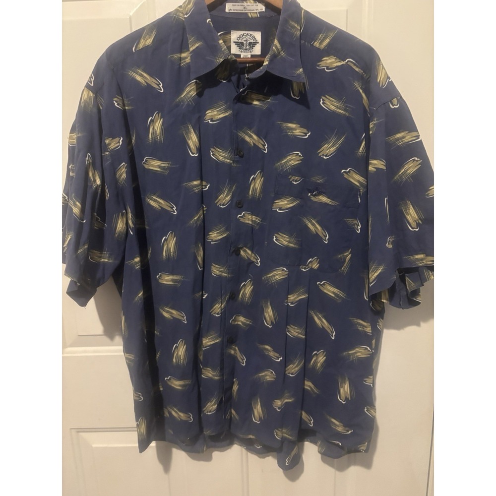 Dockers Shirt Men's Short Sleeve Button Down Blue Green Splash XL Beach Cotton